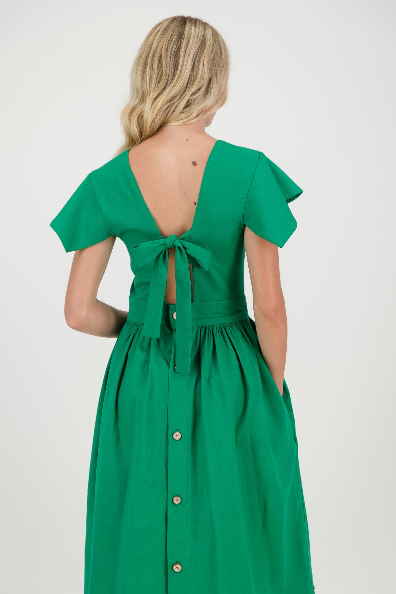 The Forest Green Camelia Open Back Dress