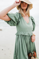Willow Whisper Puff Sleeve Dress — Olive Green
