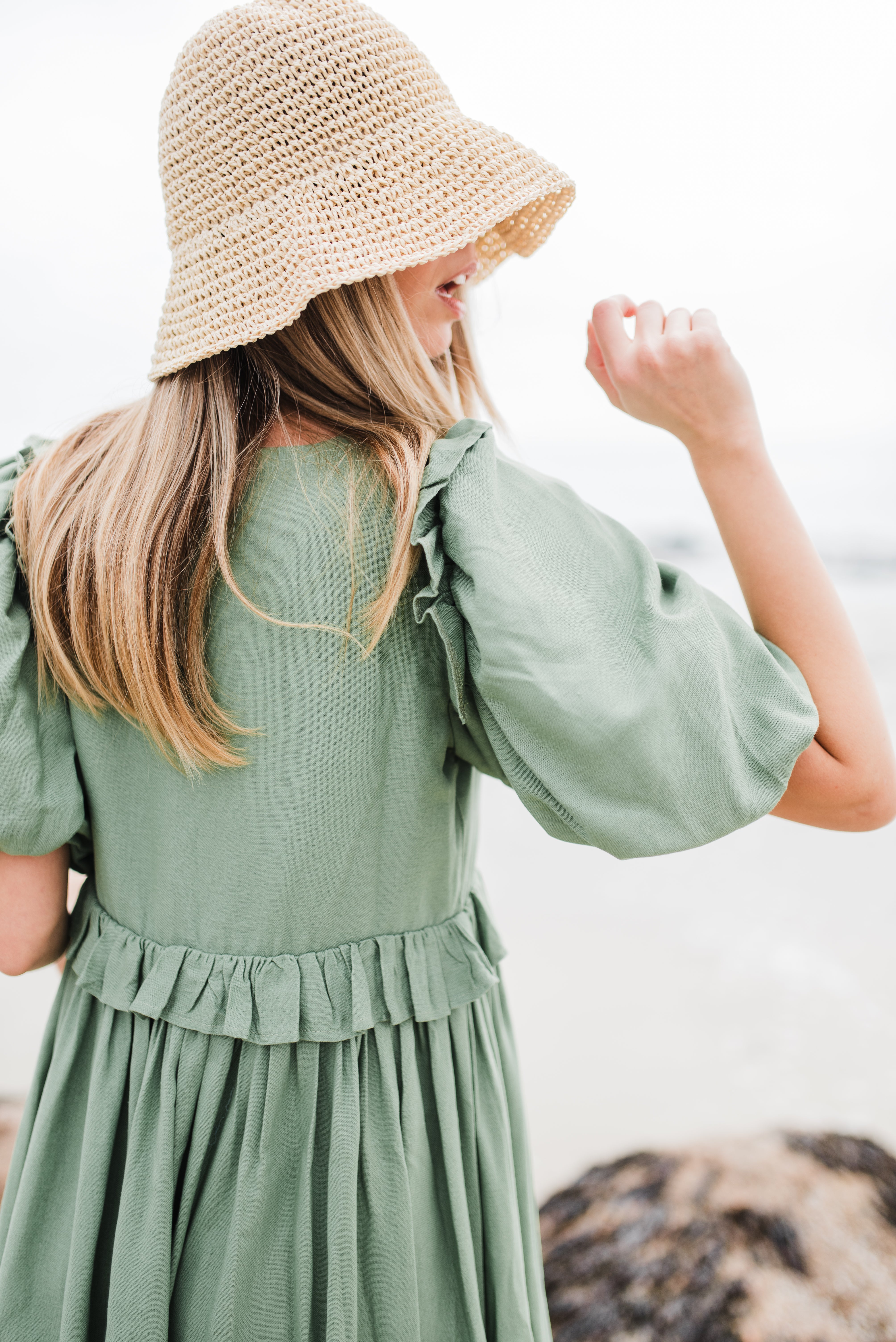 Willow Whisper Puff Sleeve Dress — Olive Green
