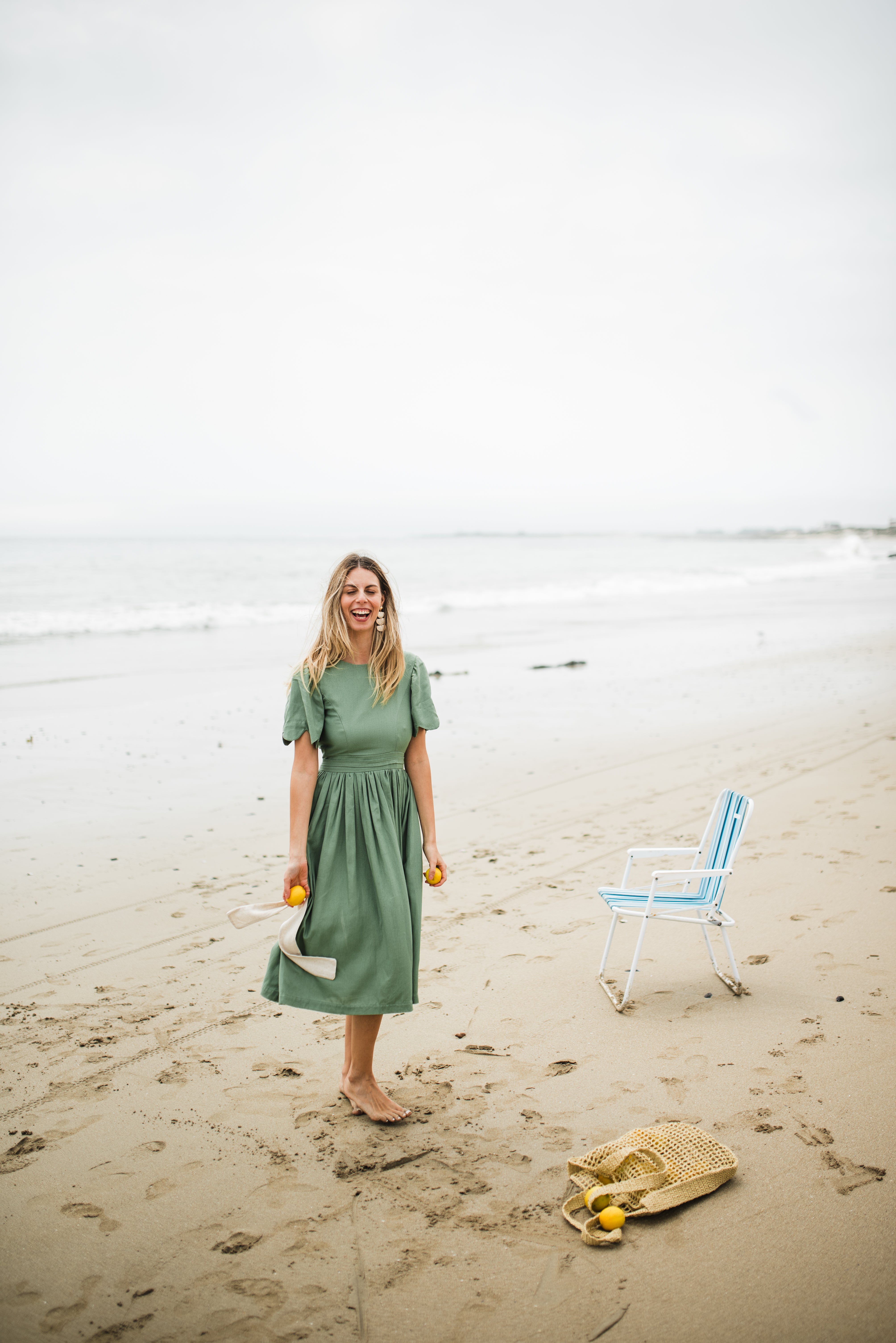 Wild Olive Open Back Scallop Dress — Olive Green with Oatmeal Tie