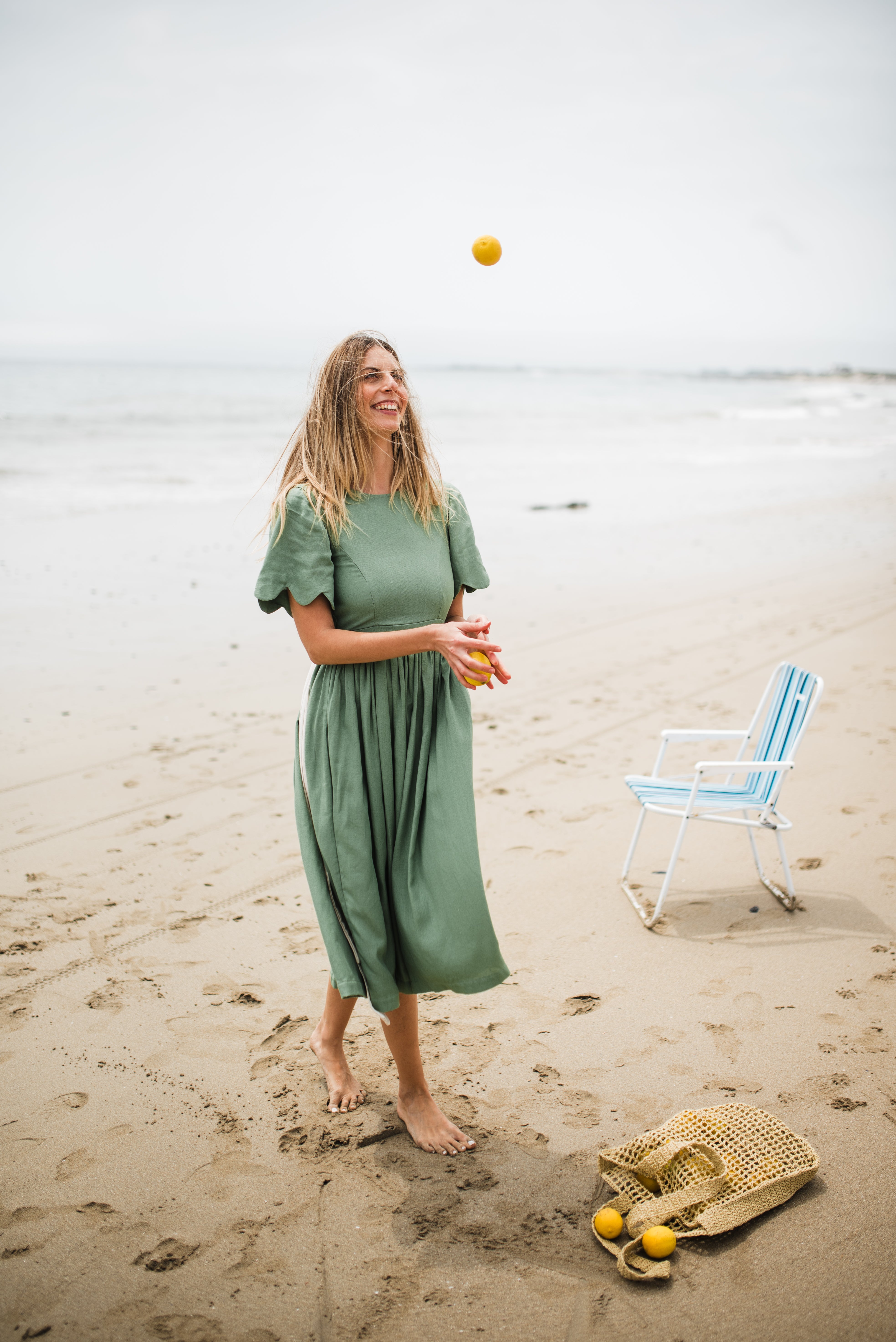 Wild Olive Open Back Scallop Dress — Olive Green with Oatmeal Tie