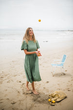 Wild Olive Open Back Scallop Dress — Olive Green with Oatmeal Tie