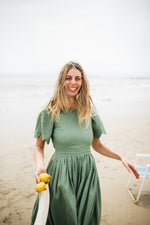 Wild Olive Open Back Scallop Dress — Olive Green with Oatmeal Tie