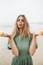 Wild Olive Open Back Scallop Dress — Olive Green with Oatmeal Tie