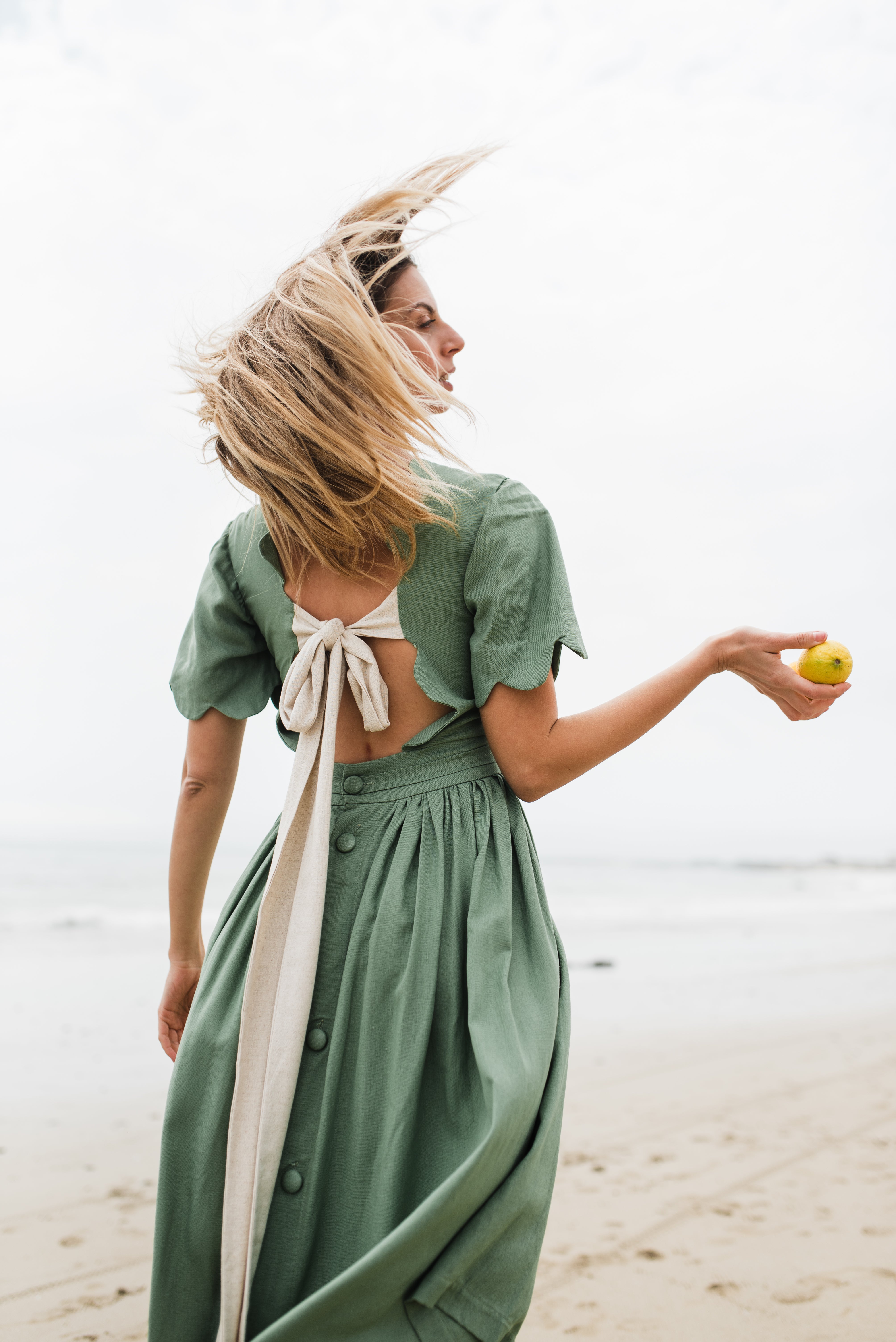 Wild Olive Open Back Scallop Dress — Olive Green with Oatmeal Tie