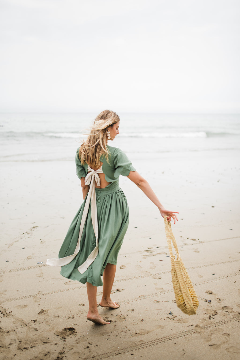 Wild Olive Open Back Scallop Dress — Olive Green with Oatmeal Tie