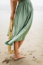 Wild Olive Open Back Scallop Dress — Olive Green with Oatmeal Tie