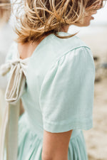 Morning Mist Closed Back Dress — Pistachio with Oatmeal Tie