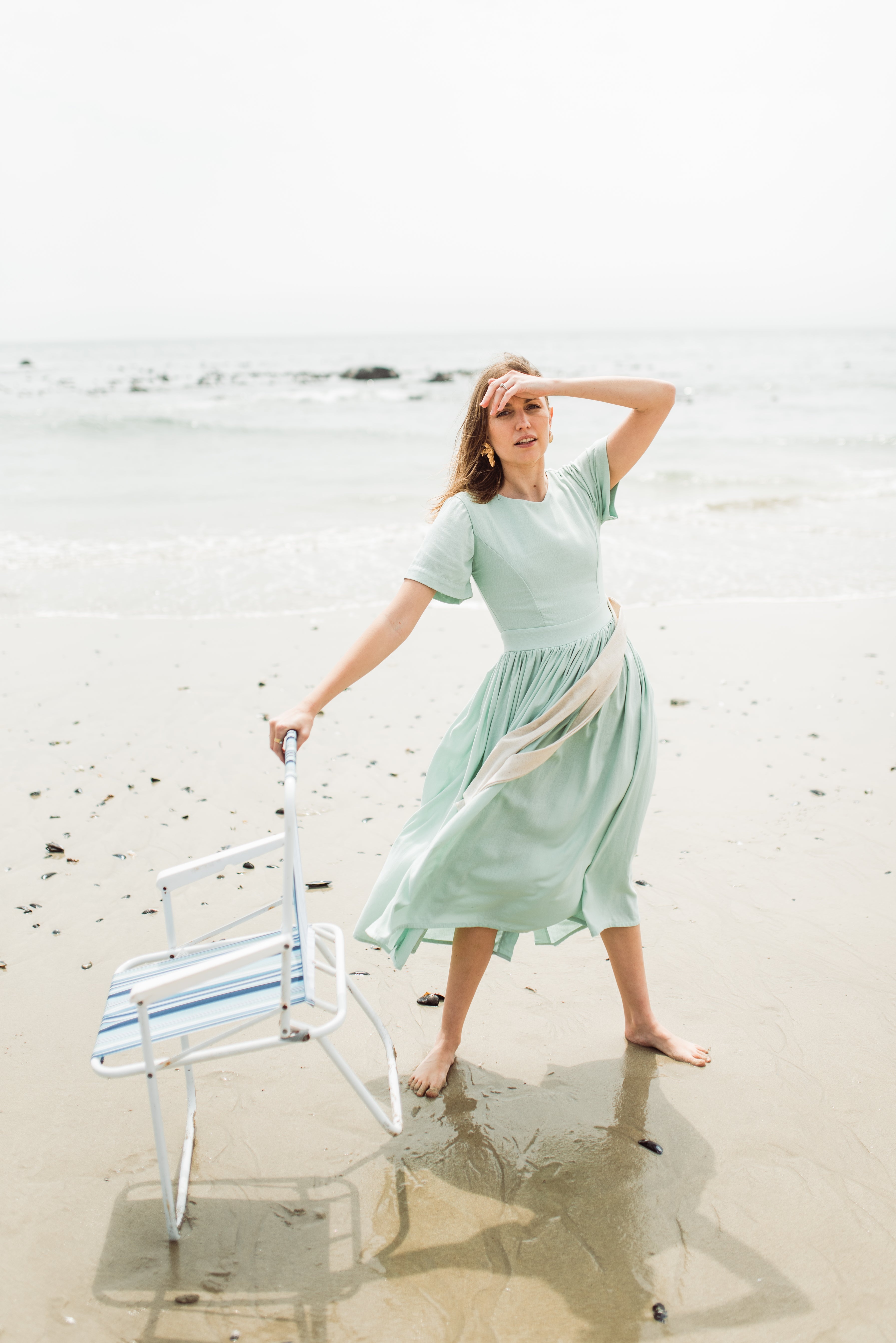 Morning Mist Closed Back Dress — Pistachio with Oatmeal Tie