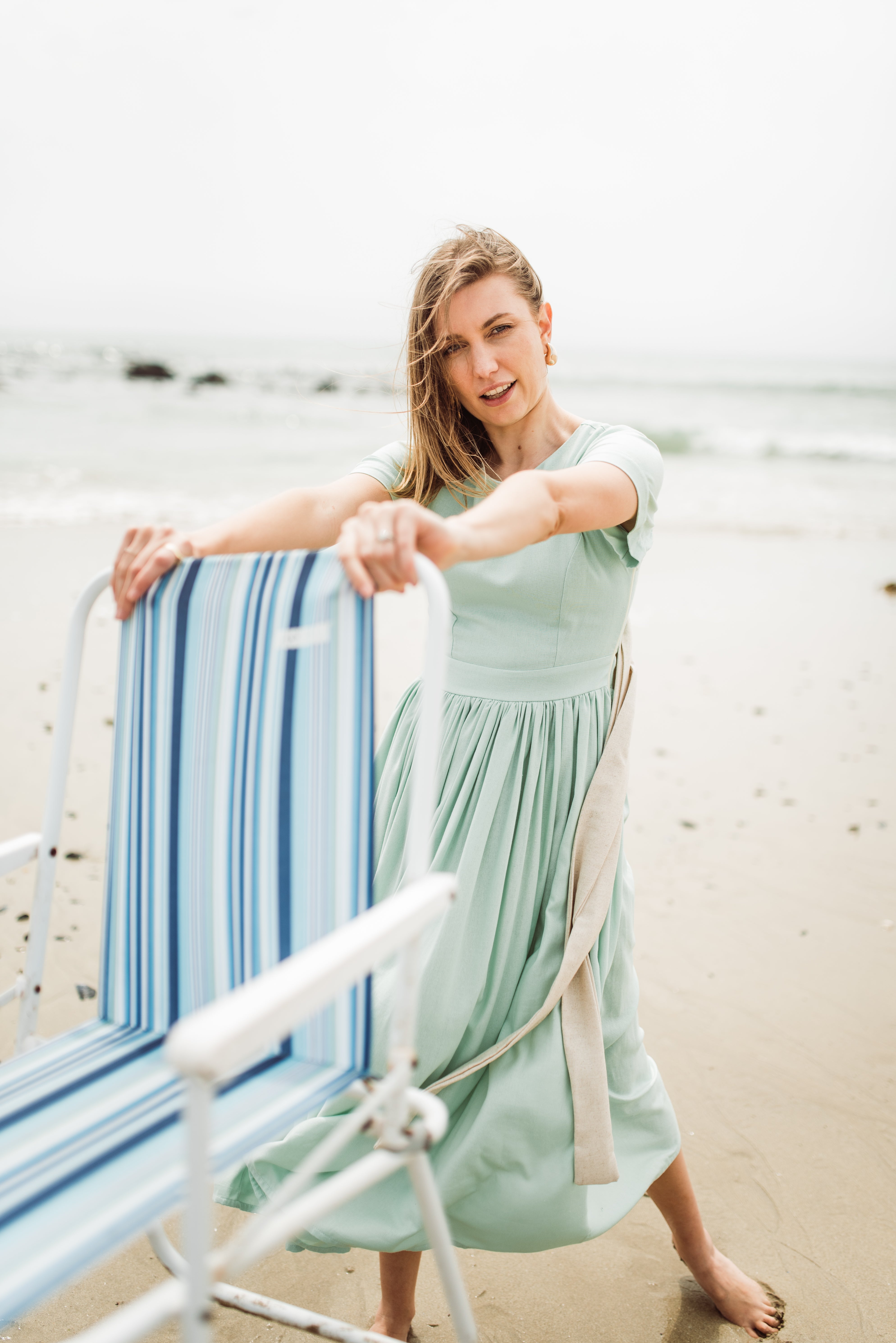 Morning Mist Closed Back Dress — Pistachio with Oatmeal Tie