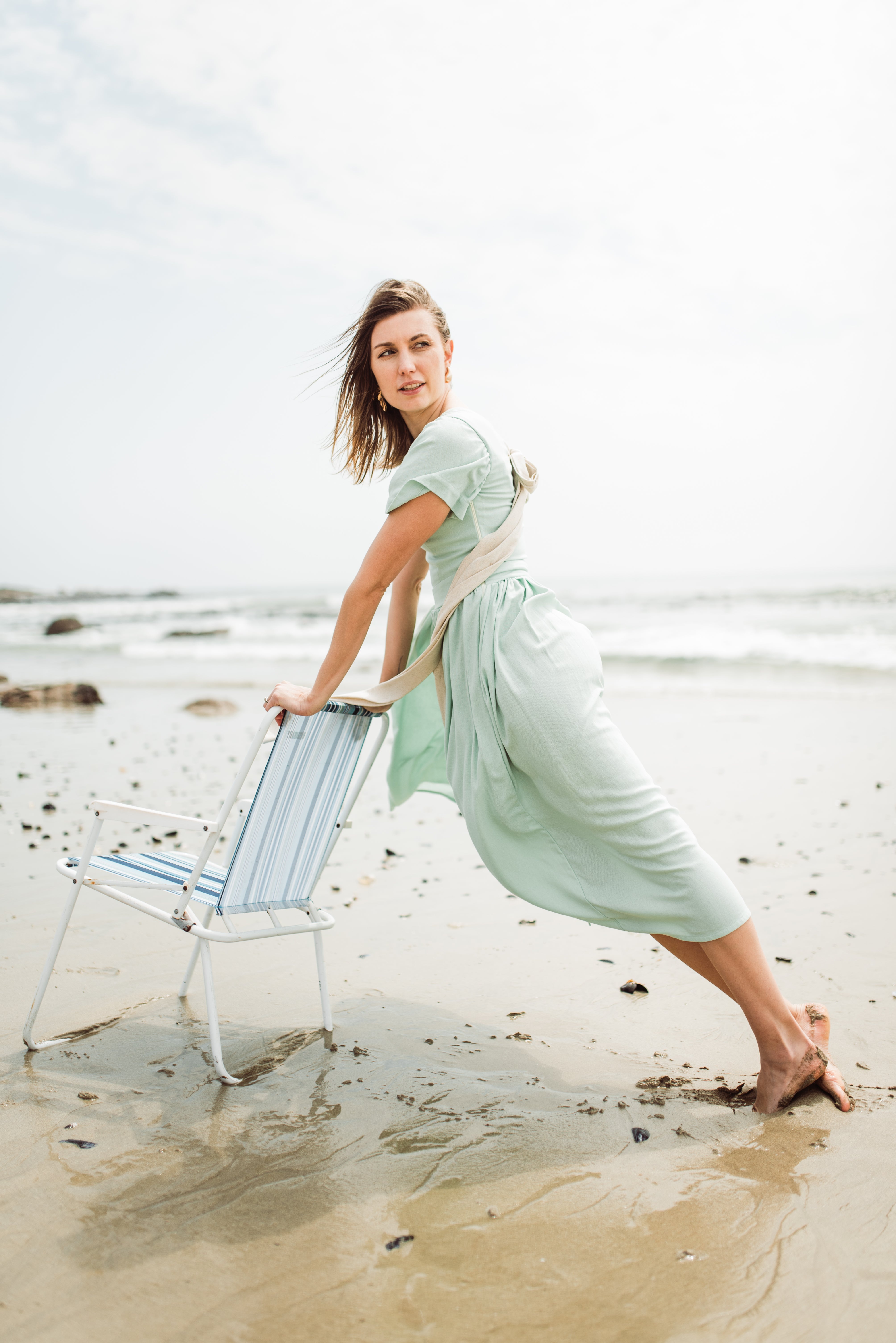 Morning Mist Closed Back Dress — Pistachio with Oatmeal Tie