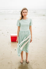 Morning Mist Closed Back Dress — Pistachio with Oatmeal Tie