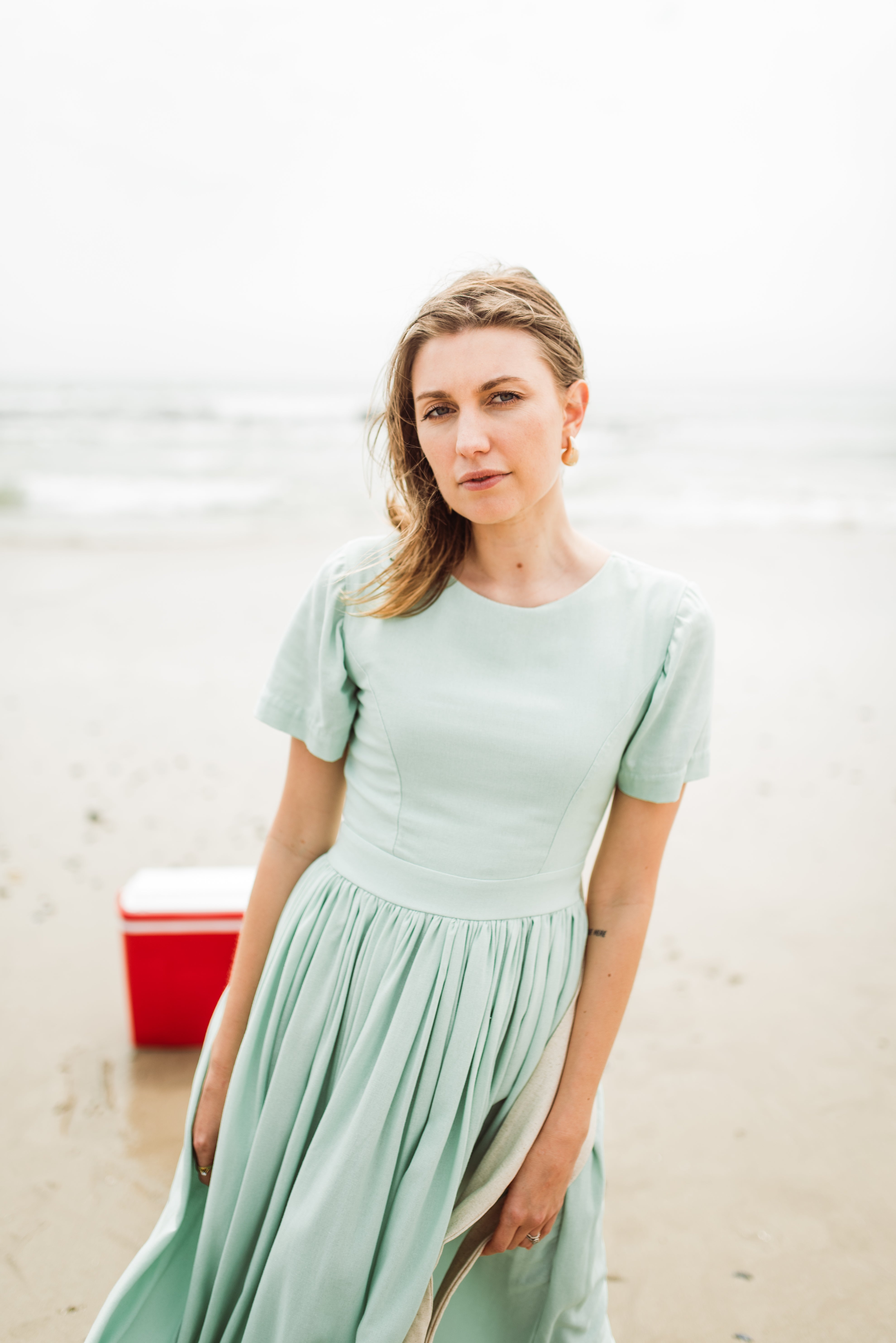 Morning Mist Closed Back Dress — Pistachio with Oatmeal Tie