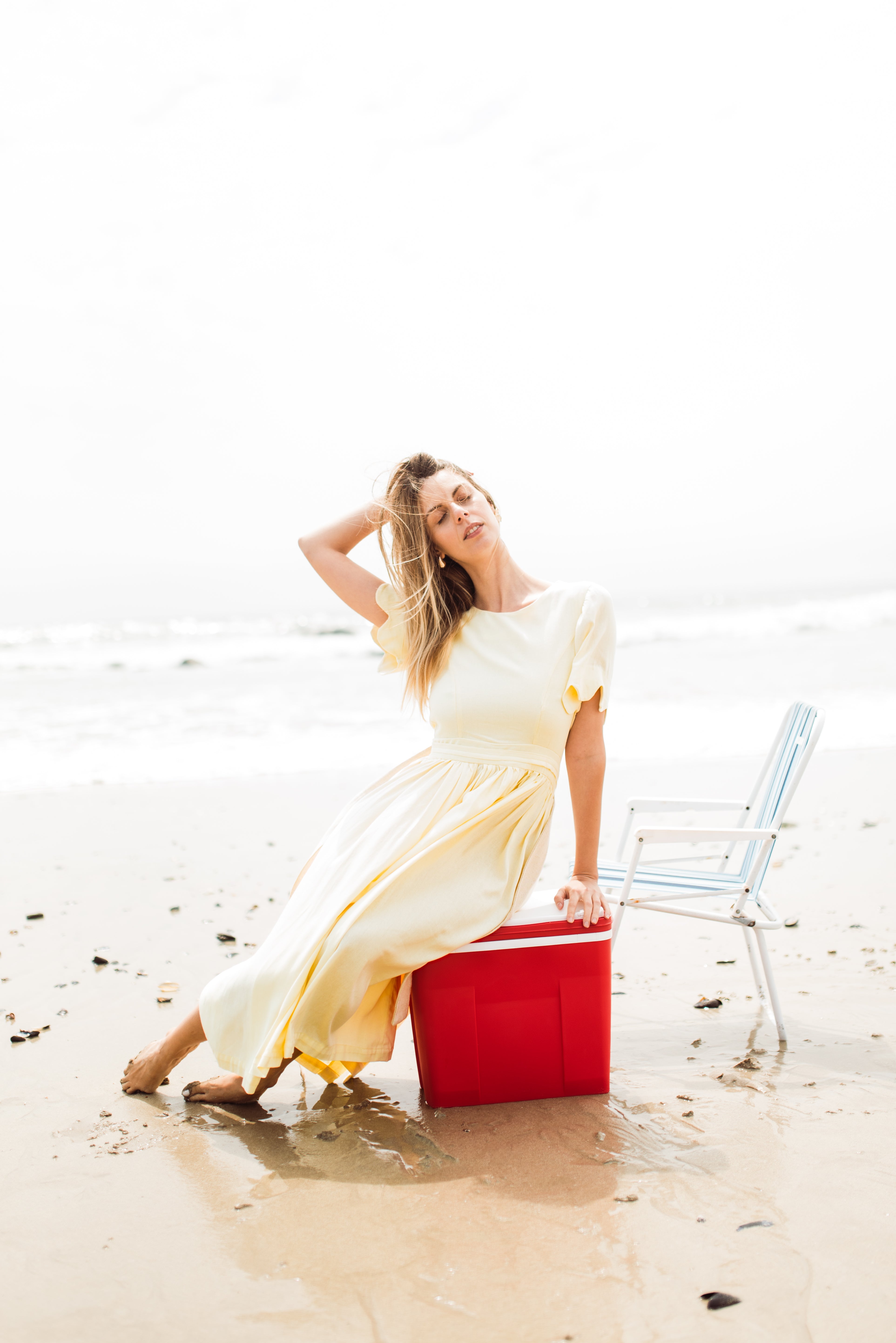 Lemon Meadow Scallop Open Back Dress — Butter Yellow with Oatmeal Tie