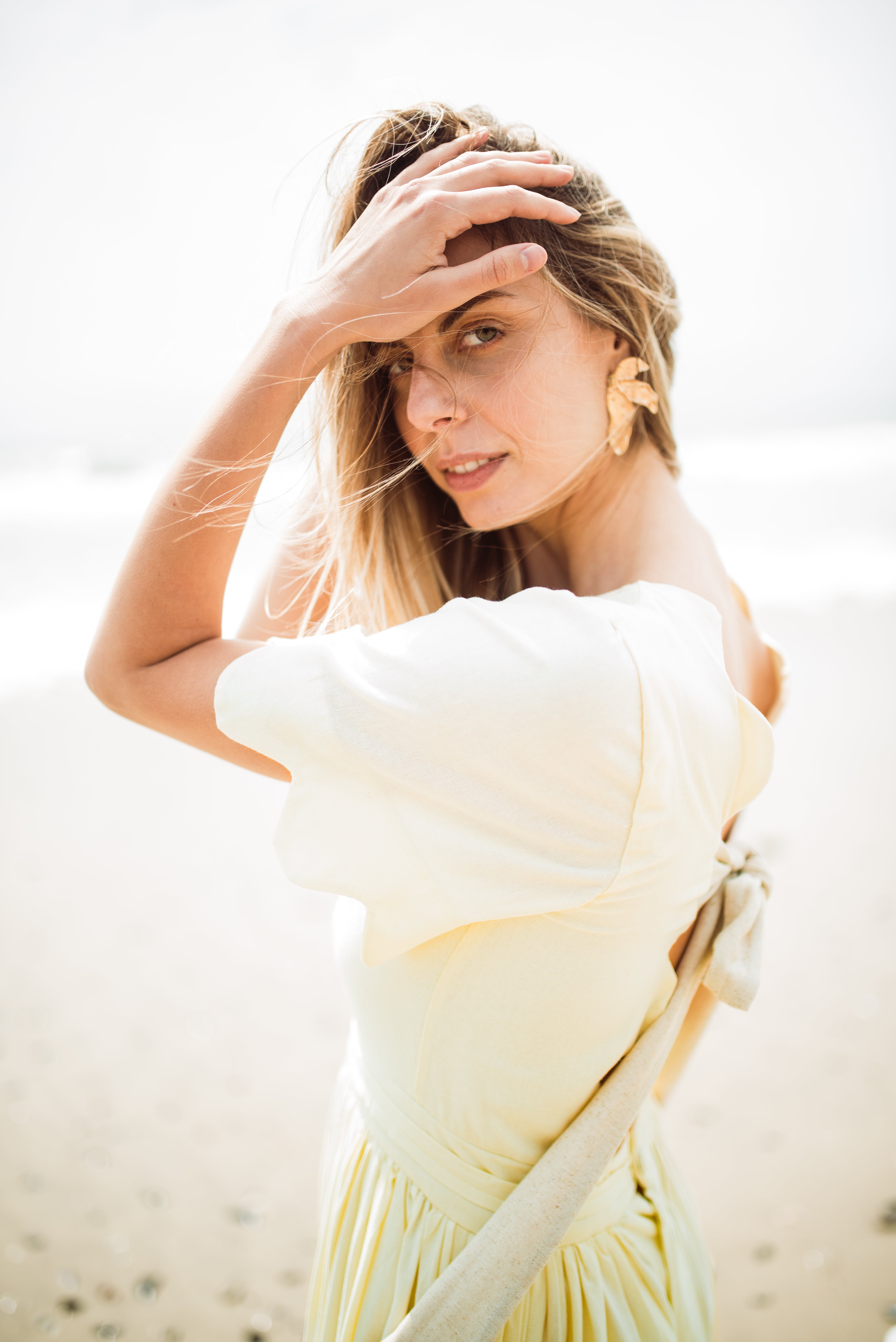 Lemon Meadow Scallop Open Back Dress — Butter Yellow with Oatmeal Tie