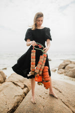 Midnight Solace Open Back Dress — Black with Oatmeal ties