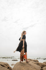 Midnight Solace Open Back Dress — Black with Oatmeal ties