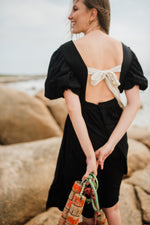 Midnight Solace Open Back Dress — Black with Oatmeal ties