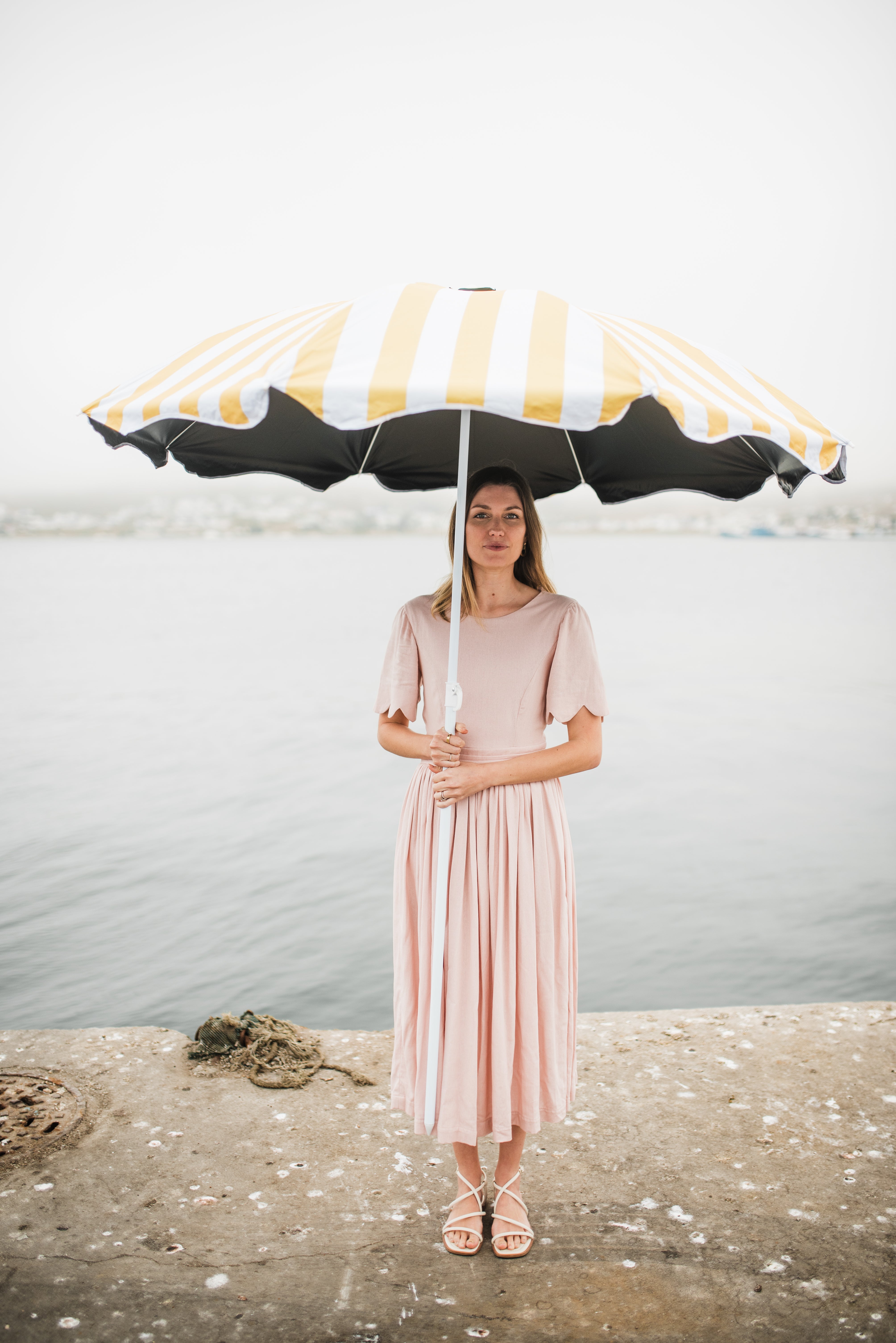 Peach Wisp Scallop Open Back Dress — Blush Peach with Oatmeal Tie