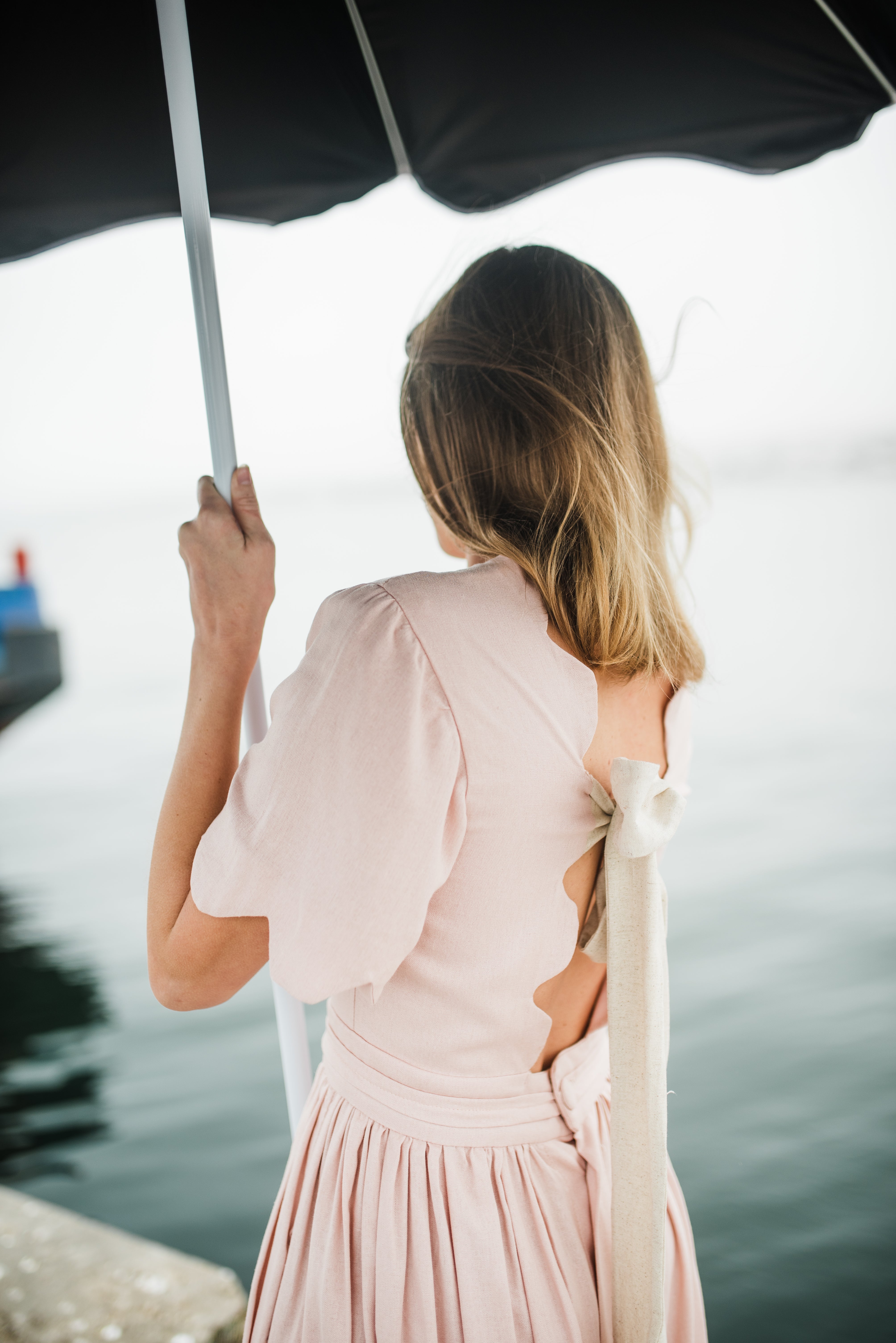 Peach Wisp Scallop Open Back Dress — Blush Peach with Oatmeal Tie