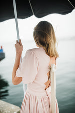 Peach Wisp Scallop Open Back Dress — Blush Peach with Oatmeal Tie