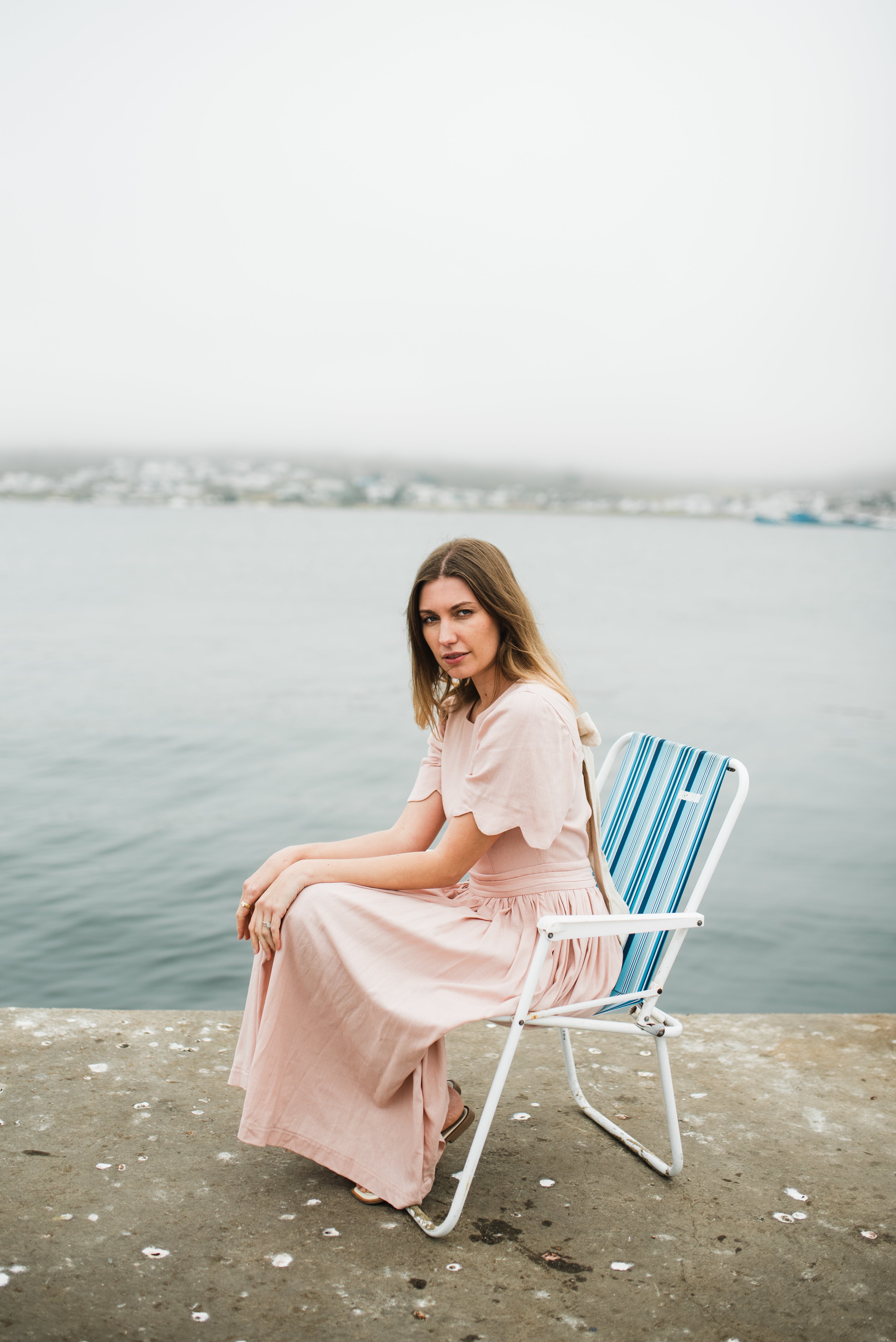 Peach Wisp Scallop Open Back Dress — Blush Peach with Oatmeal Tie