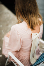 Peach Wisp Scallop Open Back Dress — Blush Peach with Oatmeal Tie