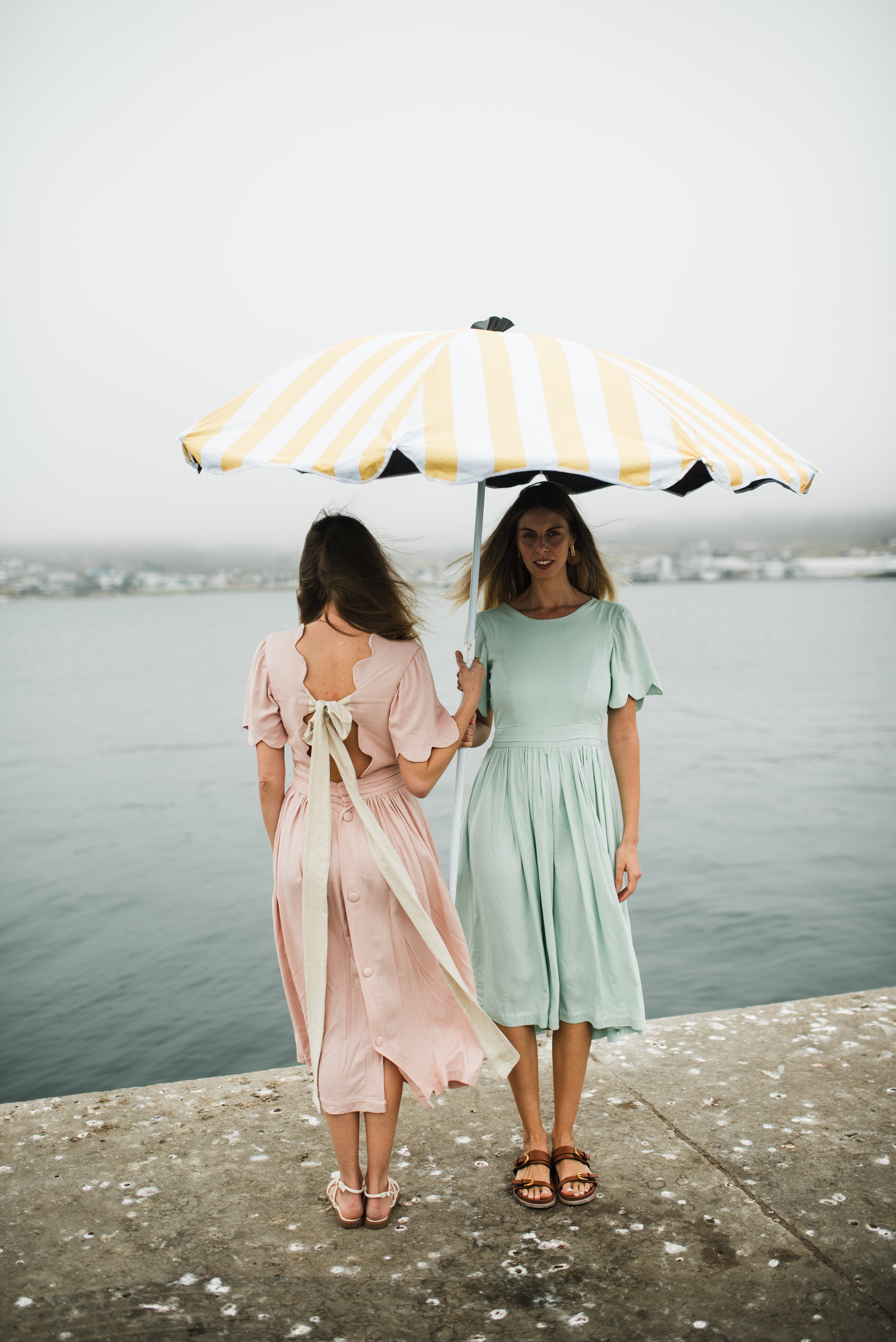 Peach Wisp Scallop Open Back Dress — Blush Peach with Oatmeal Tie