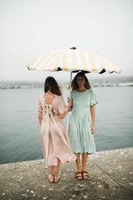 Peach Wisp Scallop Open Back Dress — Blush Peach with Oatmeal Tie