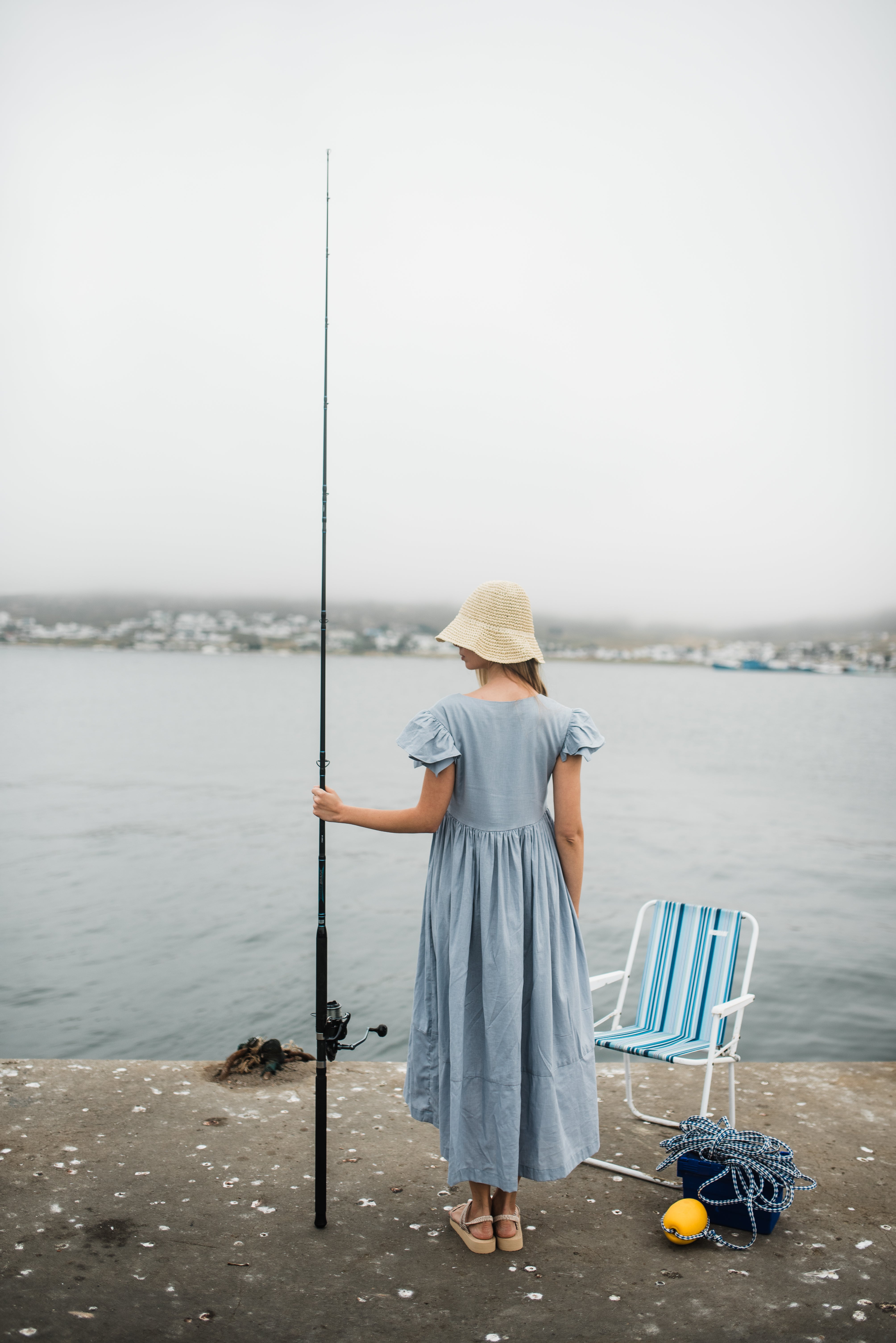 Morning Tide Frill Sleeve Dress — Misty blue Cotton Linen