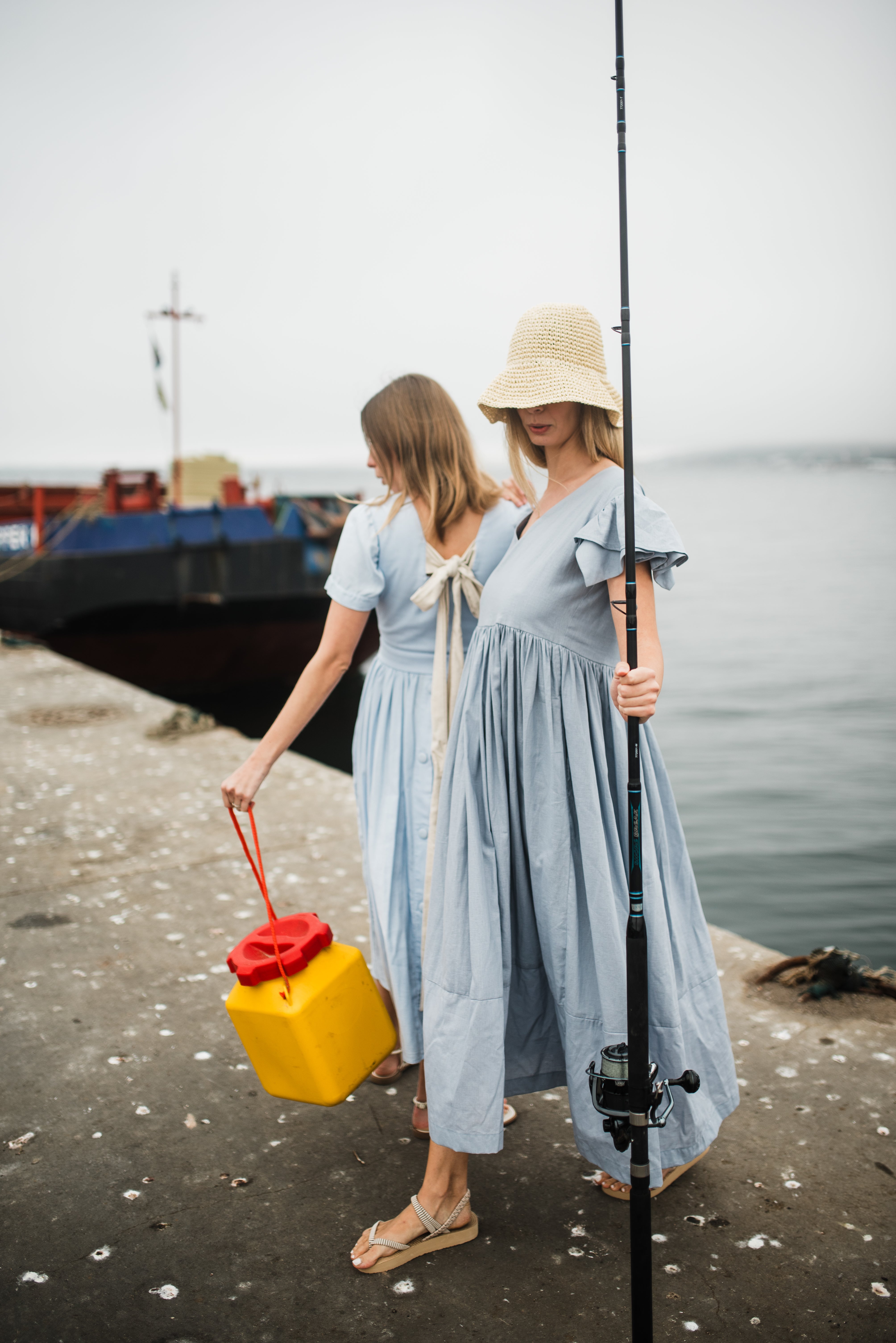 Blue Haze Closed Back Dress — Cool Blue with Oatmeal Tie
