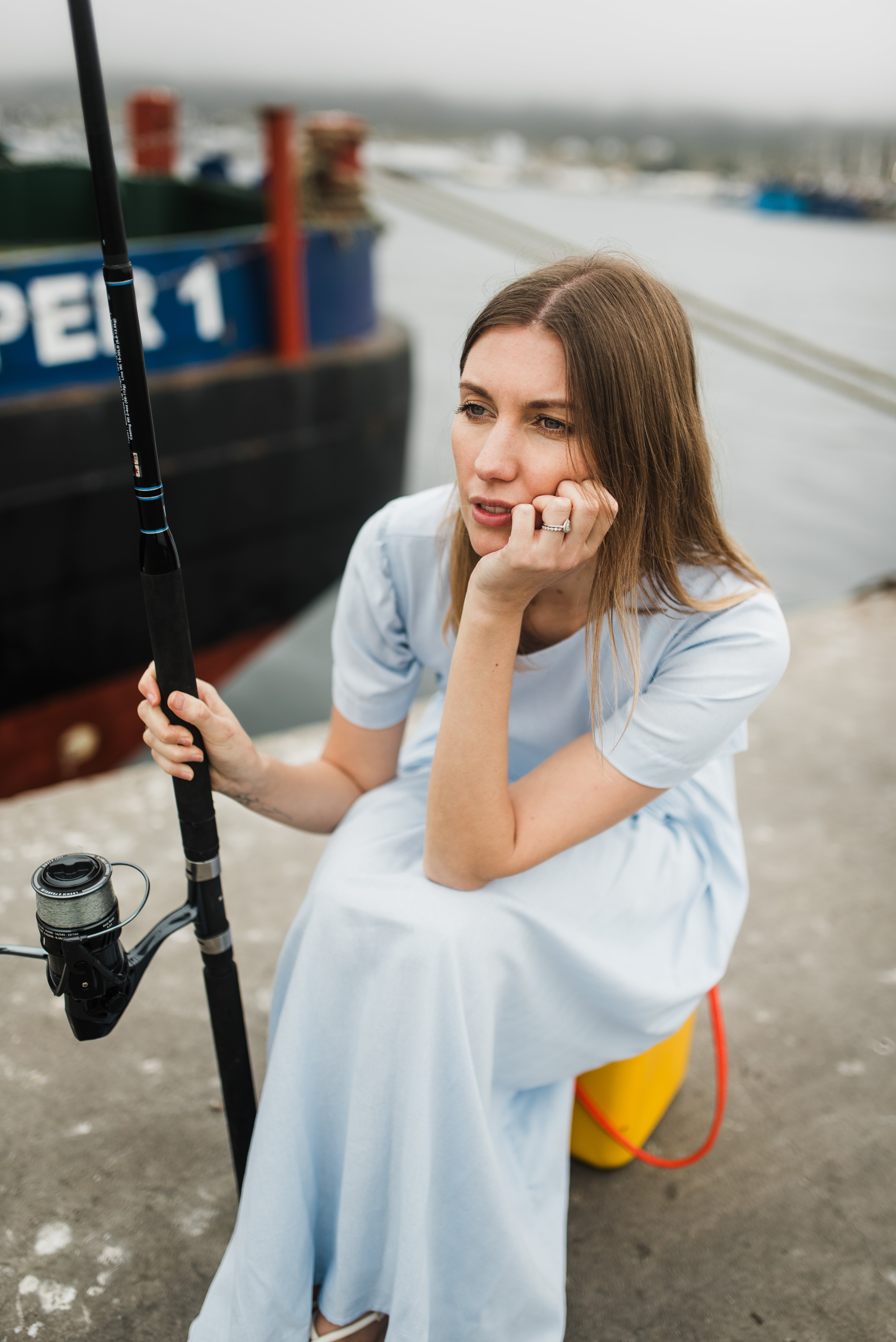Blue Haze Closed Back Dress — Cool Blue with Oatmeal Tie