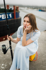 Blue Haze Closed Back Dress — Cool Blue with Oatmeal Tie