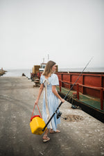 Blue Haze Closed Back Dress — Cool Blue with Oatmeal Tie