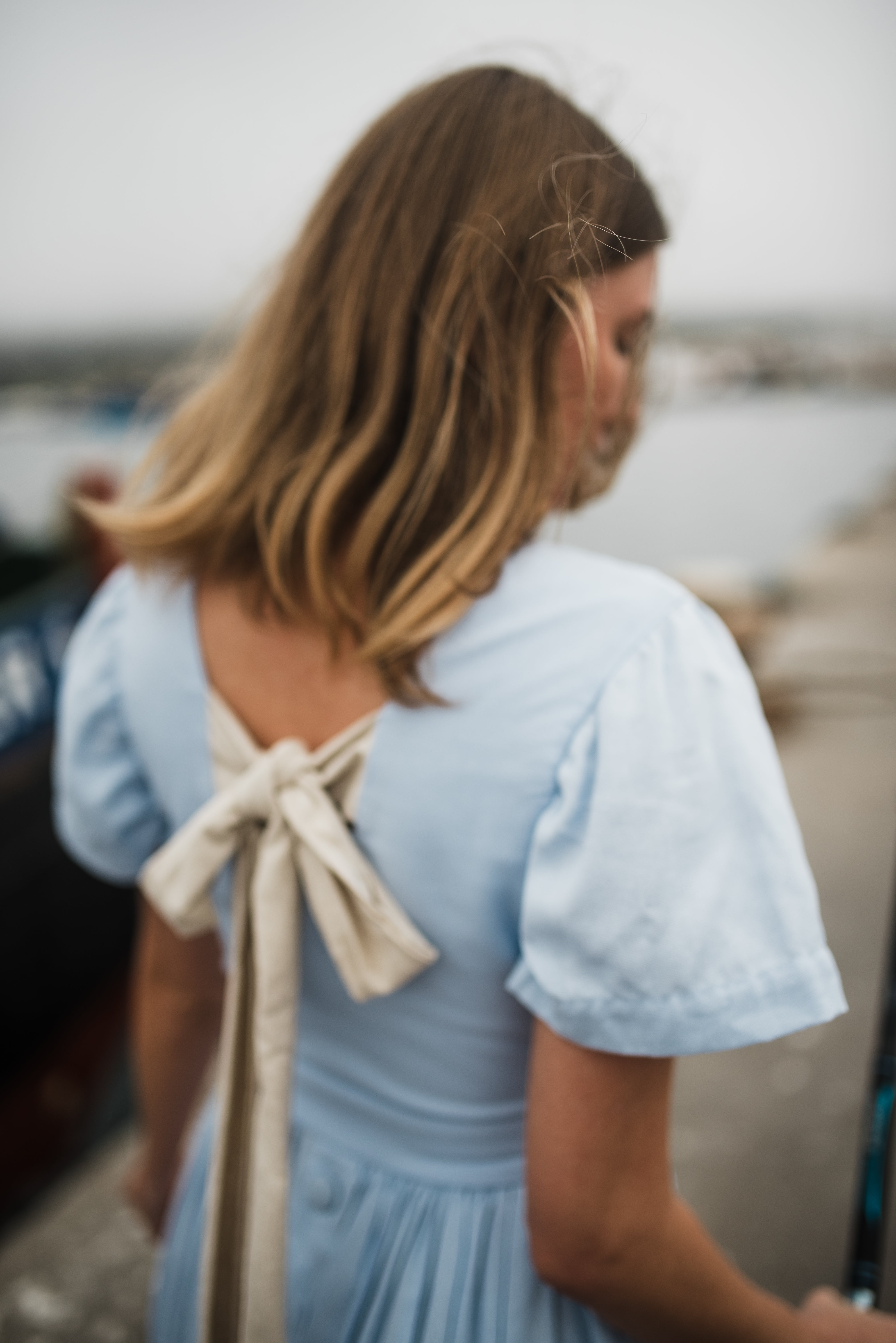 Blue Haze Closed Back Dress — Cool Blue with Oatmeal Tie