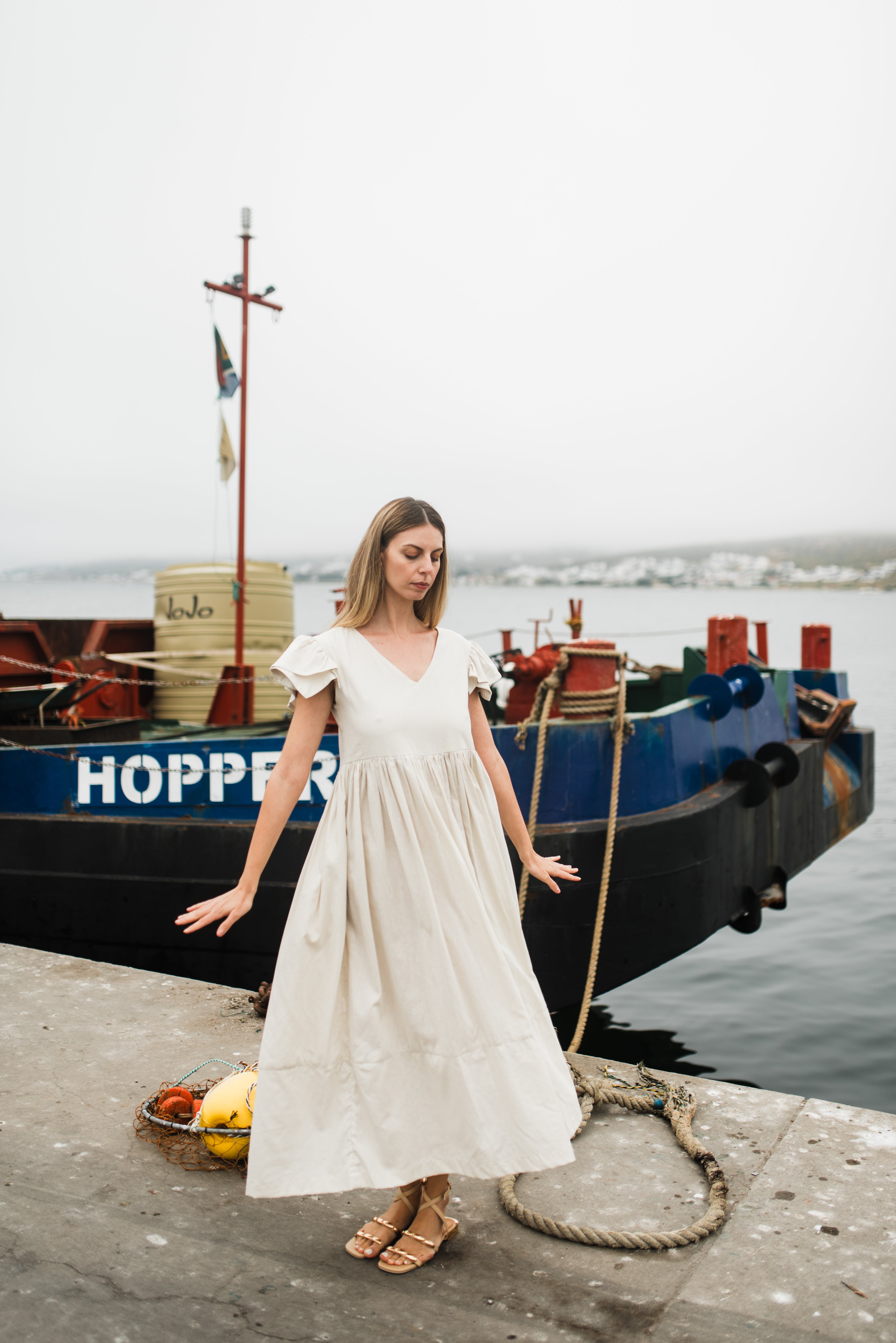 Driftwood Dawn Frill Sleeve Dress — Stone Cotton Linen