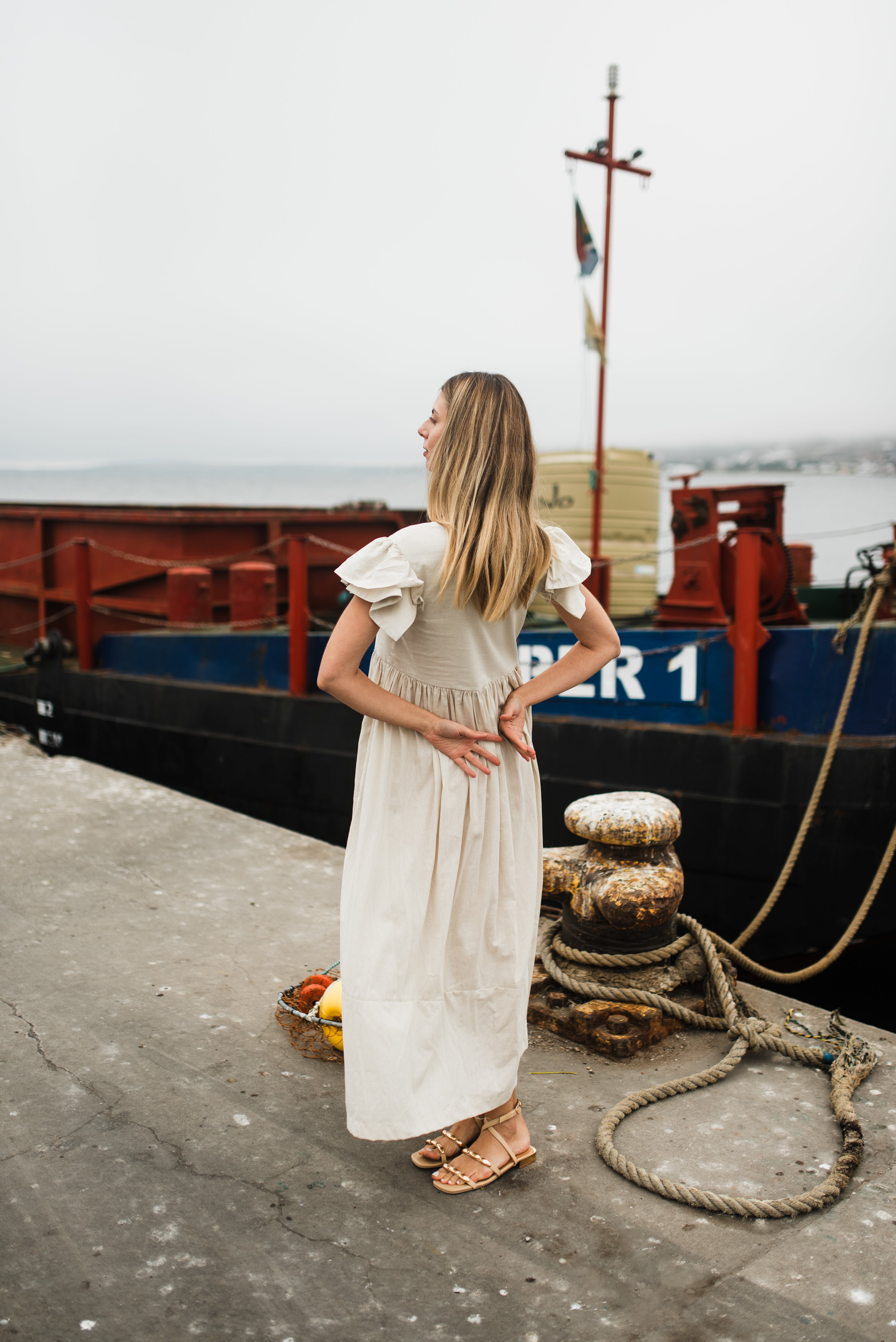 Driftwood Dawn Frill Sleeve Dress — Stone Cotton Linen