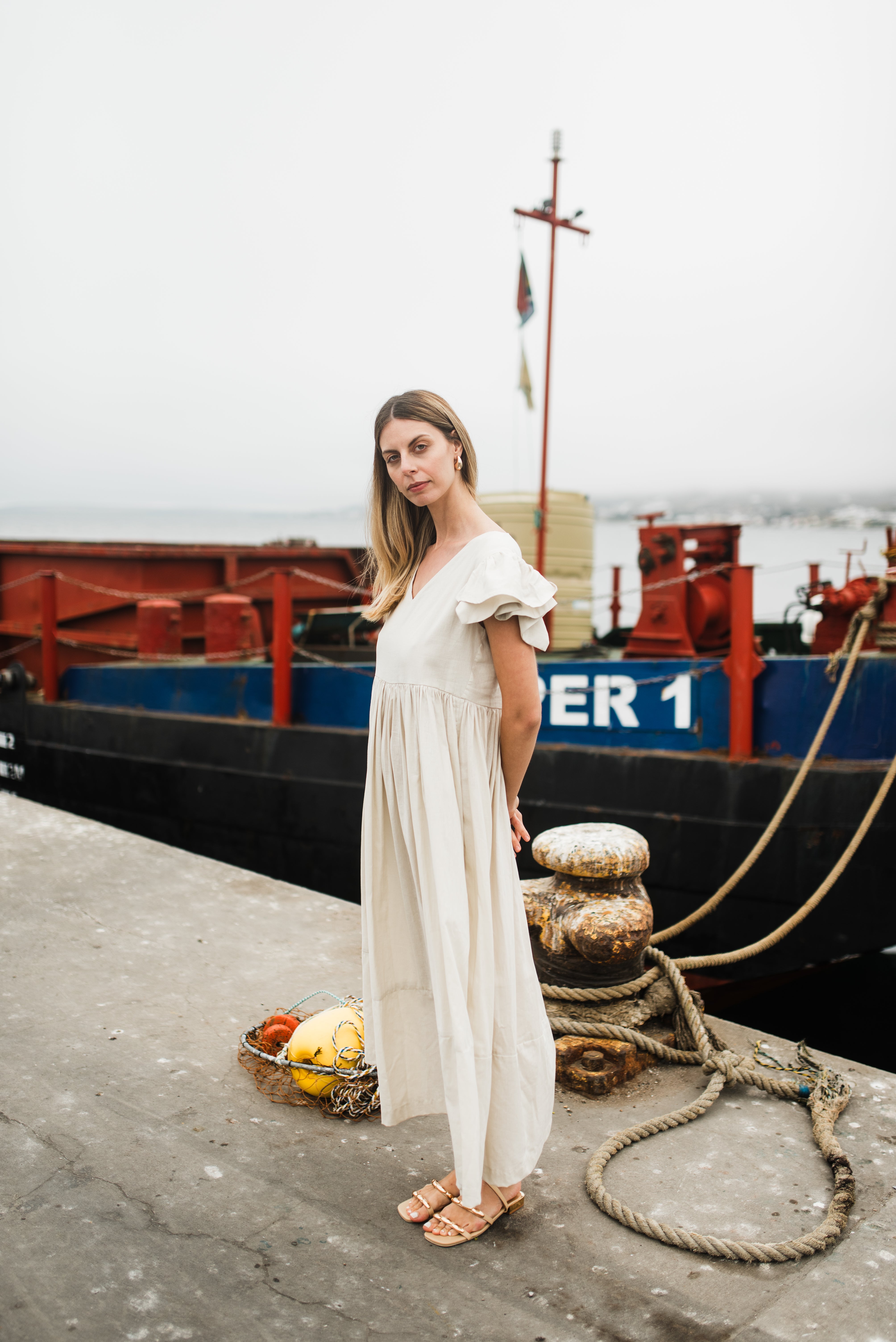 Driftwood Dawn Frill Sleeve Dress — Stone Cotton Linen