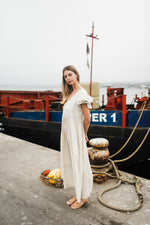 Driftwood Dawn Frill Sleeve Dress — Stone Cotton Linen