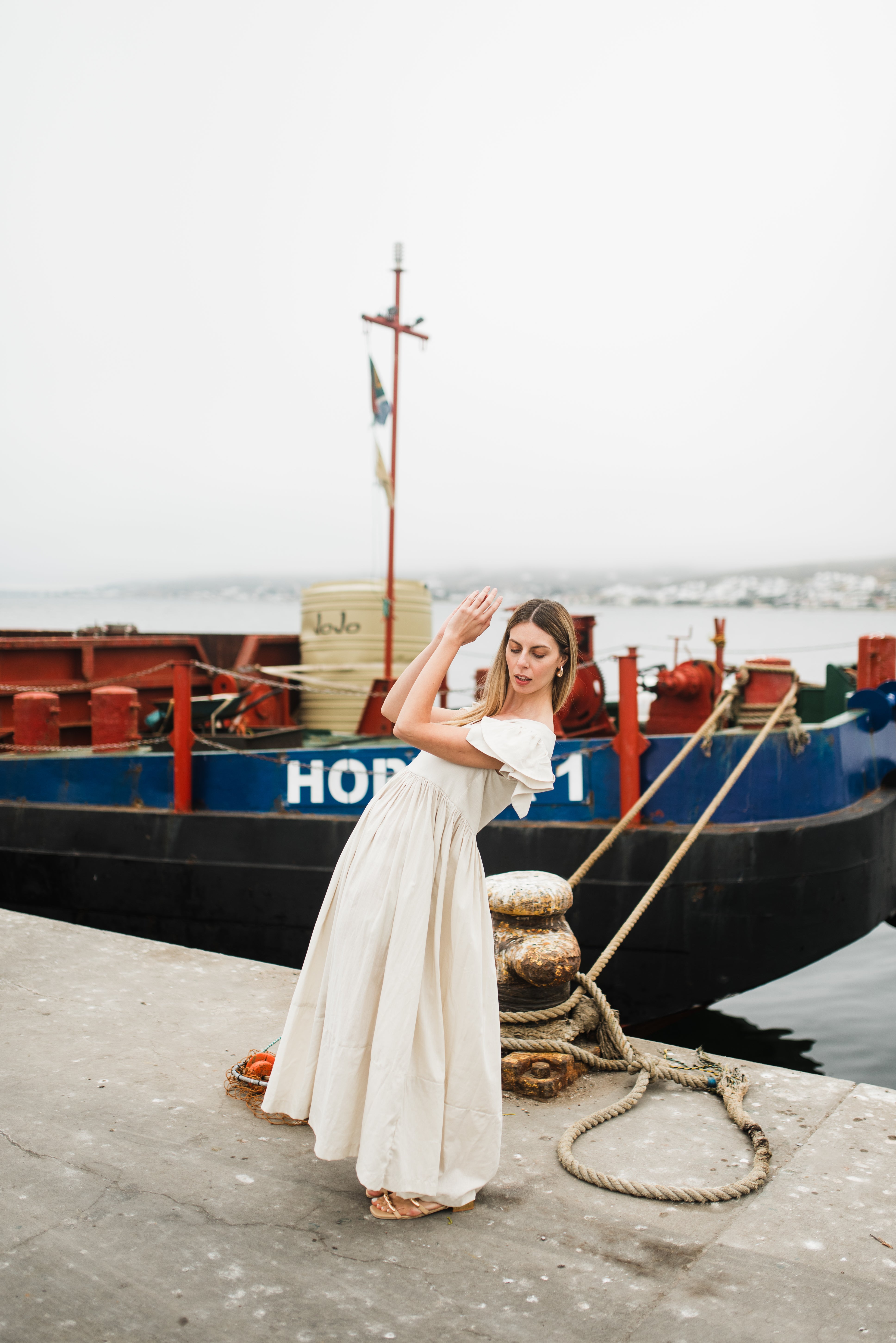 Driftwood Dawn Frill Sleeve Dress — Stone Cotton Linen