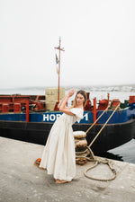 Driftwood Dawn Frill Sleeve Dress — Stone Cotton Linen