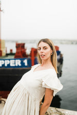 Driftwood Dawn Frill Sleeve Dress — Stone Cotton Linen