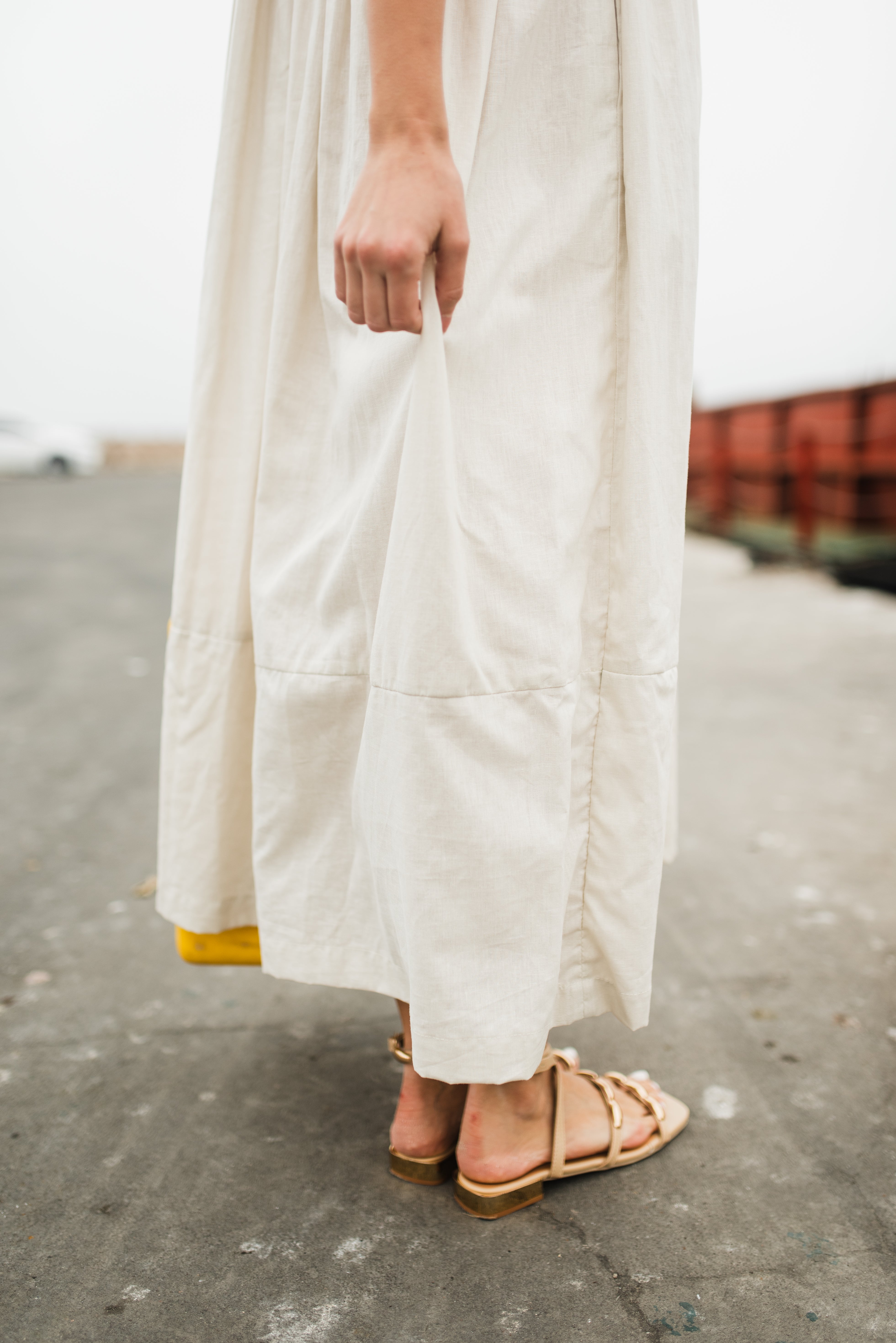 Driftwood Dawn Frill Sleeve Dress — Stone Cotton Linen