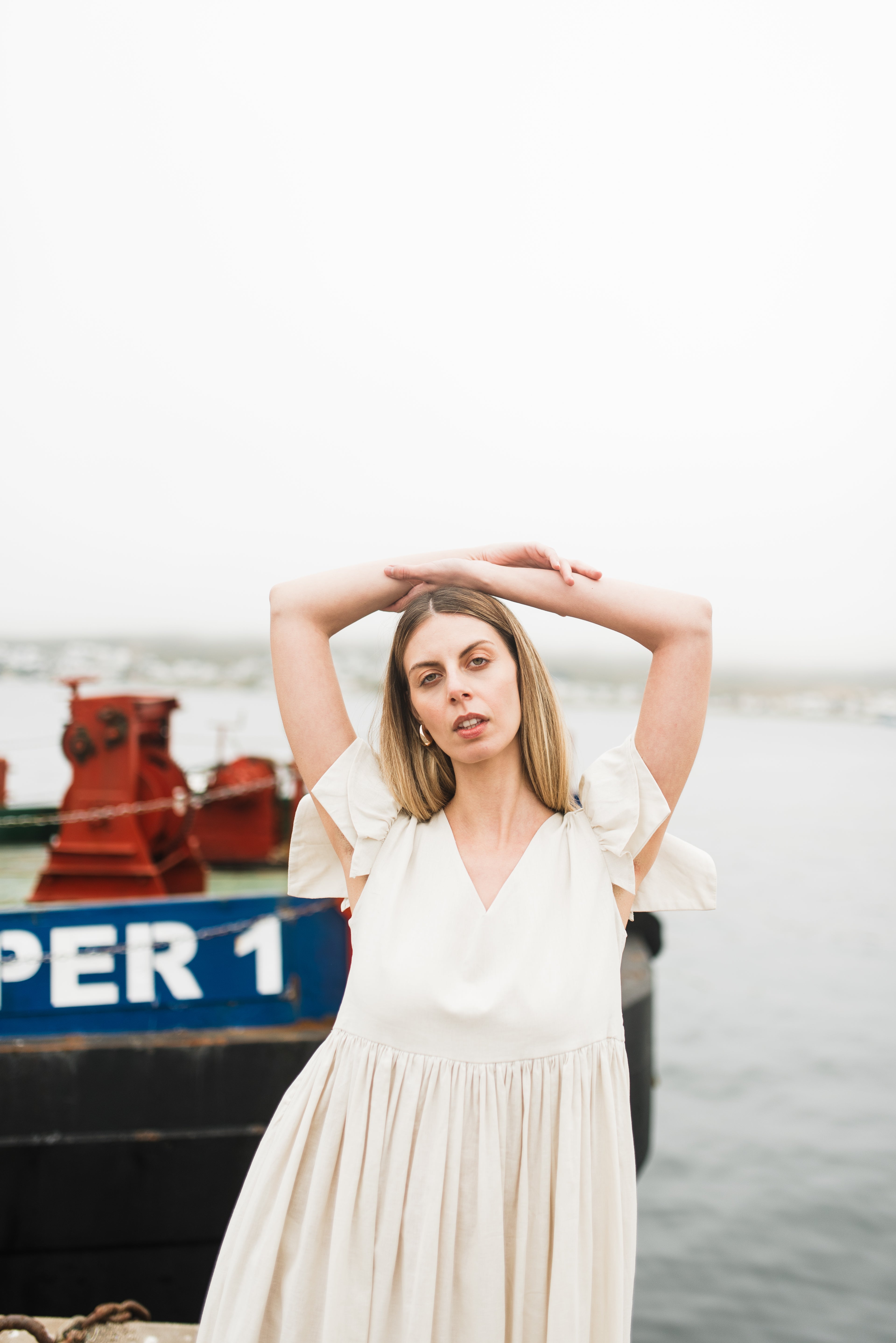 Driftwood Dawn Frill Sleeve Dress — Stone Cotton Linen