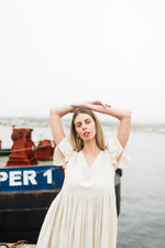 Driftwood Dawn Frill Sleeve Dress — Stone Cotton Linen