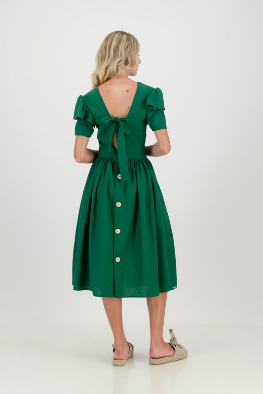 Dark Green Camelia Open Back Dress