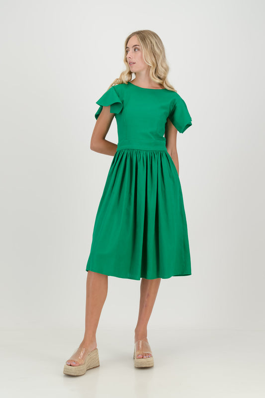 The Forest Green Camelia Open Back Dress
