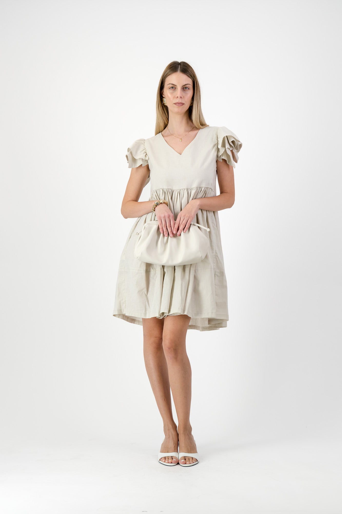 Sand Lily Frill Sleeve Dress  — Stone