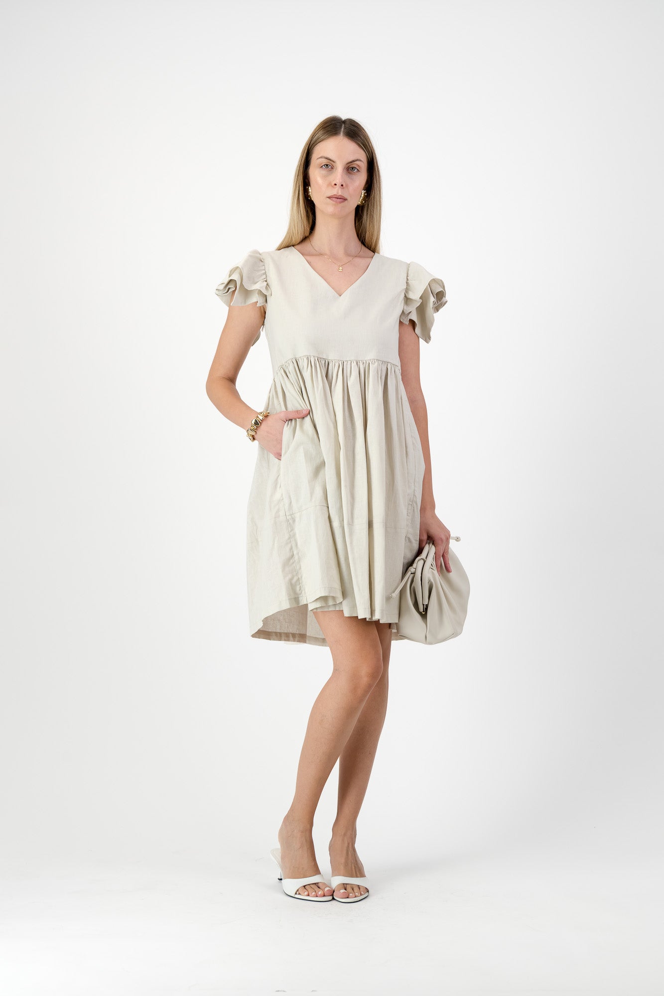 Sand Lily Frill Sleeve Dress  — Stone