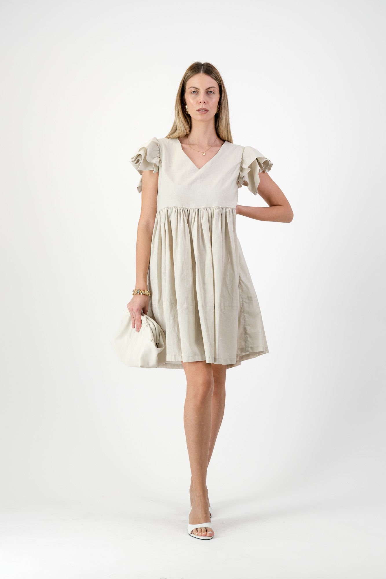 Sand Lily Frill Sleeve Dress  — Stone
